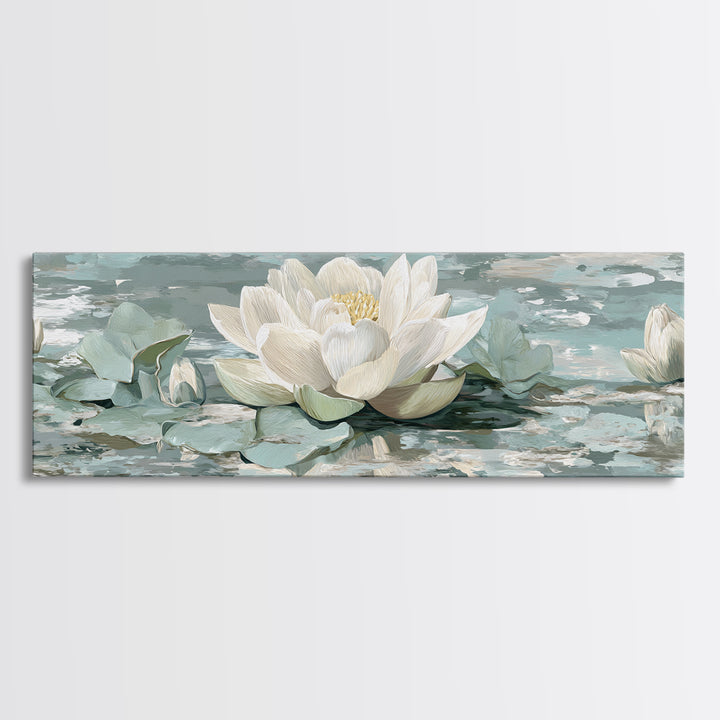Lotus Flower Floating on Calm Water Framed Canvas Print, Bathroom Art, Fine Art Print, Bathroom Decor, Oil Painting, Spa, BAT-3x1-60