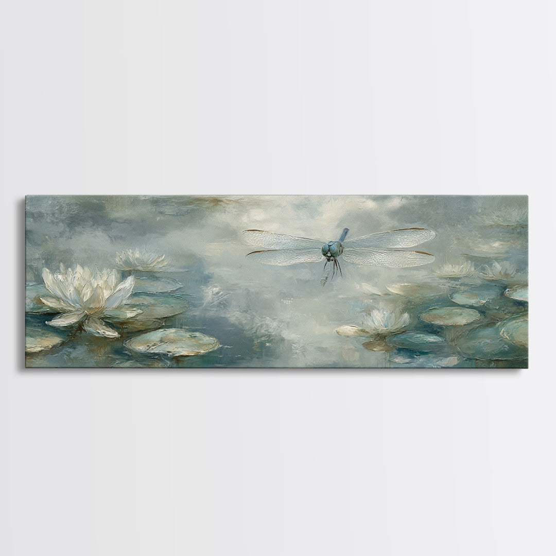 Delicate Dragonfly Above a Pond Surface Framed Canvas Print, Bathroom Art, Statement Artwork, Bathroom Decor, Fine Art, Spa, BAT-3x1-64