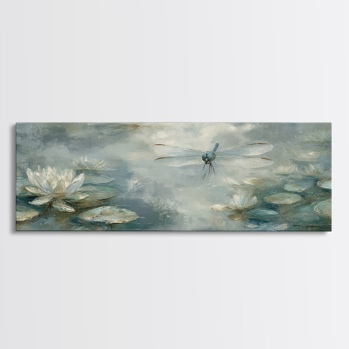 Delicate Dragonfly Above a Pond Surface Framed Canvas Print, Bathroom Art, Statement Artwork, Bathroom Decor, Fine Art, Spa, BAT-3x1-64