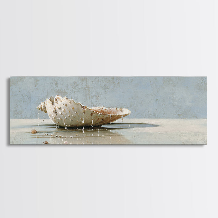 Minimal Seashell Still Life on Pale Sand Framed Canvas Print, Bathroom Art, Printable, Bathroom Decor, Abstract Art, Spa, BAT-3x1-67