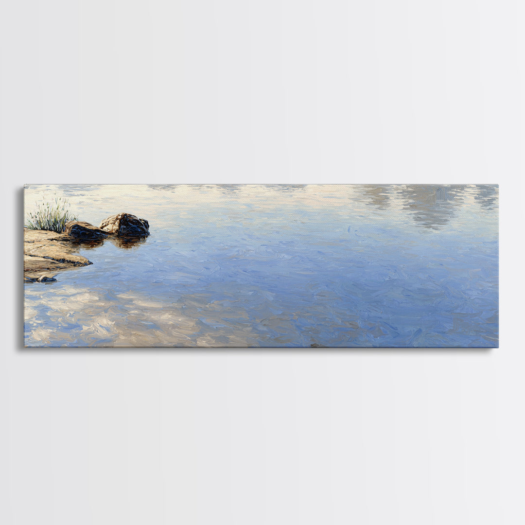 Misty Lake Scene Framed Canvas Print, Bathroom Art, Unique Wall Art, Bathroom Decor, Oil Painting, Spa, Gallery Decor, BAT-3x1-73