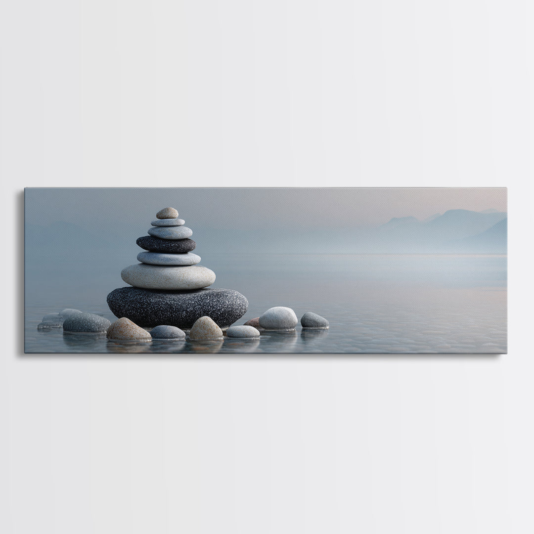 Monochrome Pebble Stack Framed Canvas Print, Bathroom Art, Canvas Wall Art, Bathroom Decor, Fine Art, Spa, Bathroom Wallpaper, BAT-3x1-77