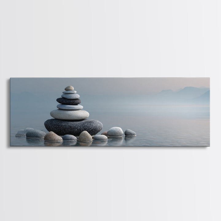 Monochrome Pebble Stack Framed Canvas Print, Bathroom Art, Canvas Wall Art, Bathroom Decor, Fine Art, Spa, Bathroom Wallpaper, BAT-3x1-77
