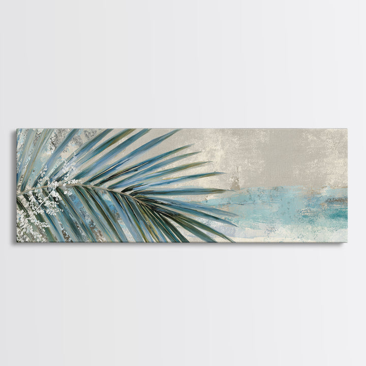 Simple Palm Frond on Off White Linen Framed Canvas Print, Bathroom Art, Digital Art, Bathroom Decor, Abstract Art, Spa, BAT-3x1-87