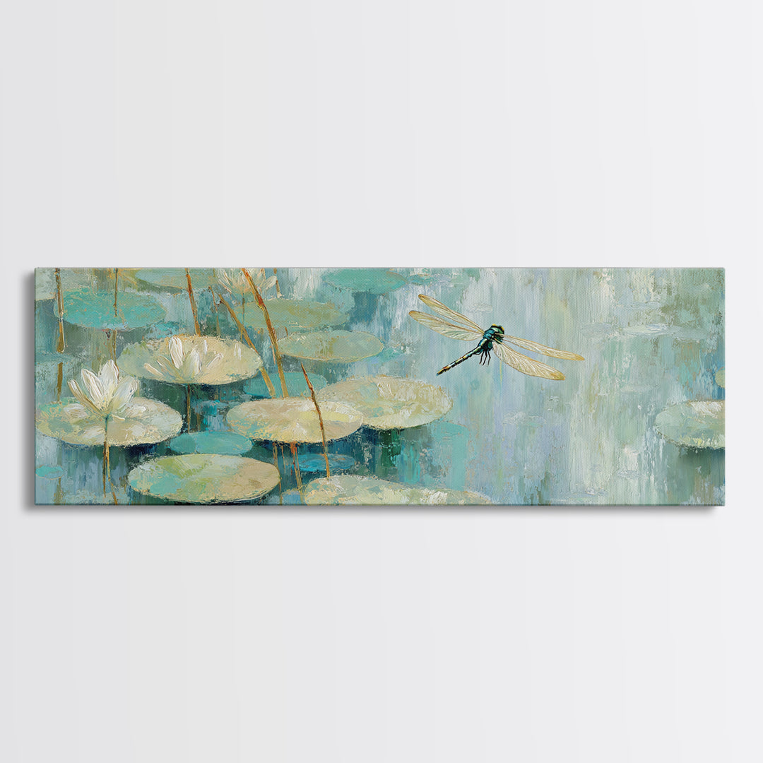 Delicate Dragonfly Above a Pond Surface Canvas Print, Bathroom Art, Textured Painting, Bathroom Decor, Oil Painting, Spa, BAT-3x1-88