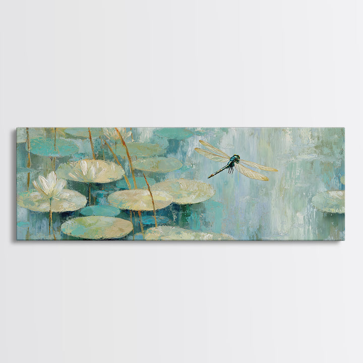 Delicate Dragonfly Above a Pond Surface Canvas Print, Bathroom Art, Textured Painting, Bathroom Decor, Oil Painting, Spa, BAT-3x1-88