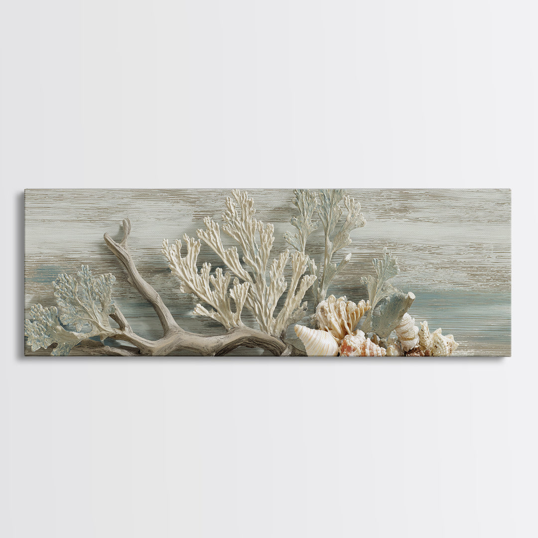 Coral and Shell Arrangement Framed Canvas Print, Bathroom Art, Wall Decor, Bathroom Decor, Fine Art, Spa, Contemporary Art, BAT-3x1-99