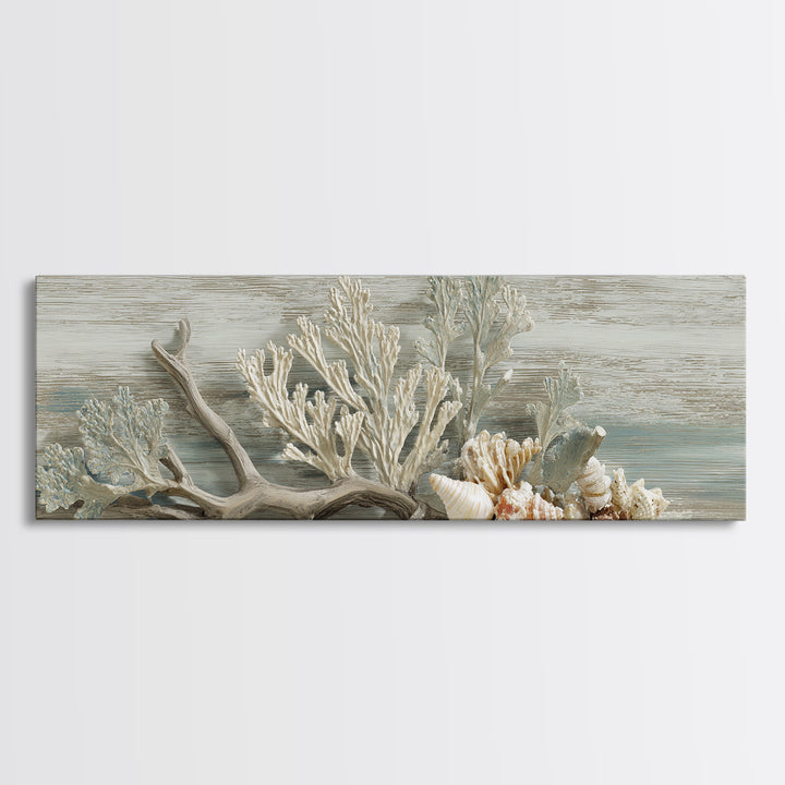 Coral and Shell Arrangement Framed Canvas Print, Bathroom Art, Wall Decor, Bathroom Decor, Fine Art, Spa, Contemporary Art, BAT-3x1-99