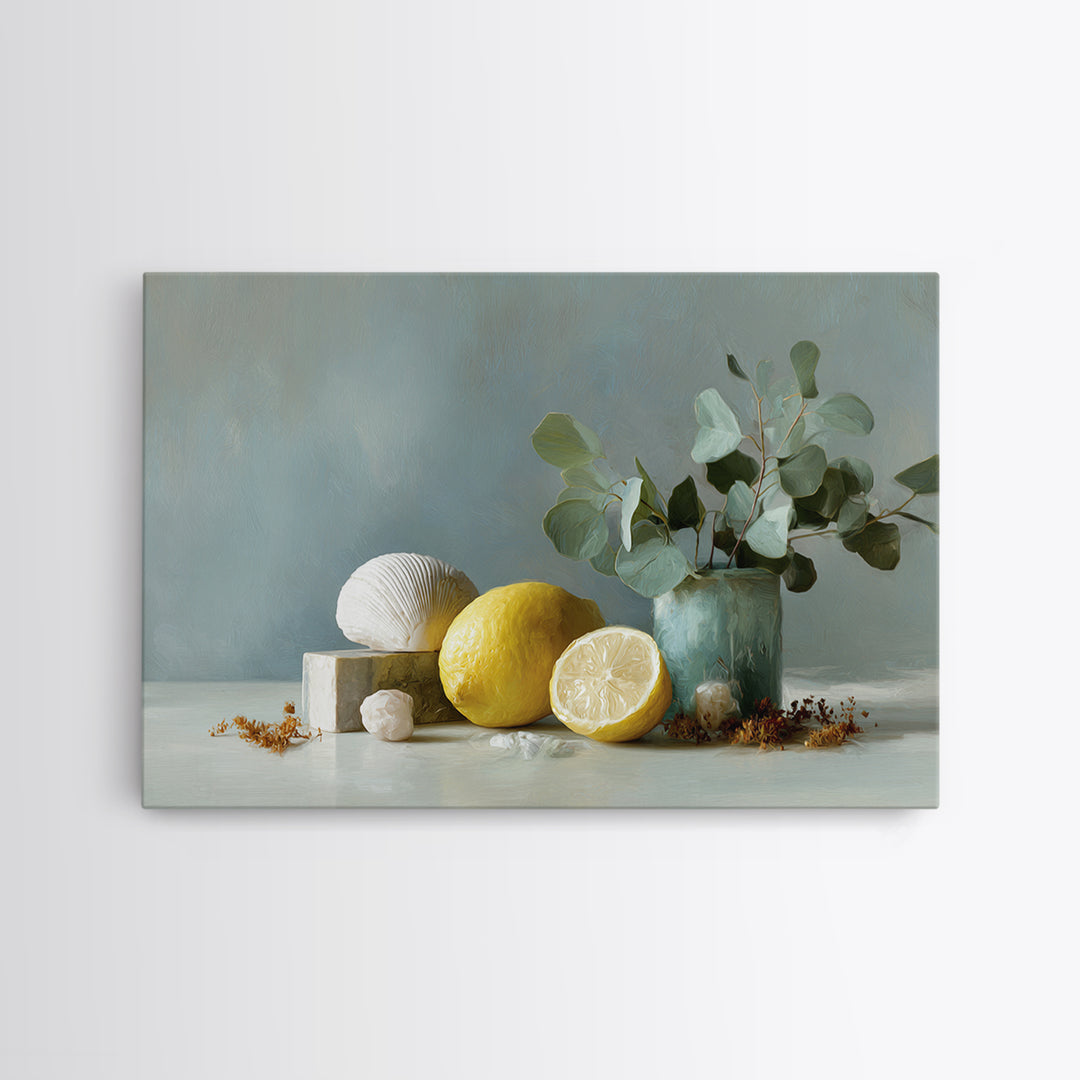 Lemon and Botanical Still Life Framed Canvas Print, Bathroom Art, Digital Wall Art, Bathroom Decor, Oil Painting, Spa, BAT-3x2-10