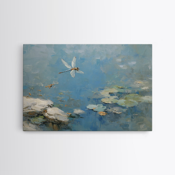 Delicate Dragonfly Above a Pond Surface Framed Canvas Print, Bathroom Art, Bathroom Art Decor, Bathroom Decor, Oil Painting, BAT-3x2-100