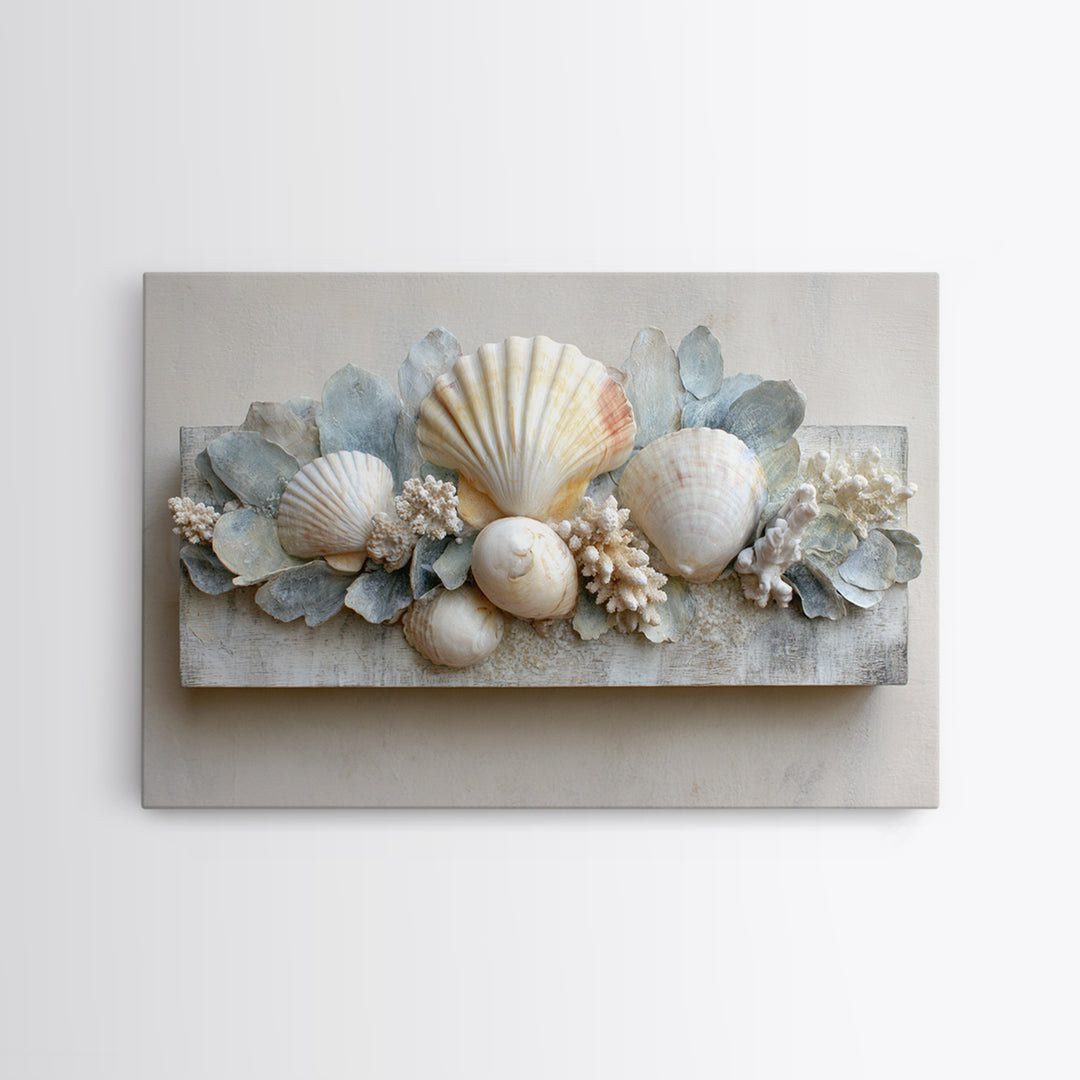 Coral and Shell Arrangement Framed Canvas Print, Bathroom Art, Minimalist Decor, Bathroom Decor, Fine Art, Spa, Wall Hanging, BAT-3x2-15