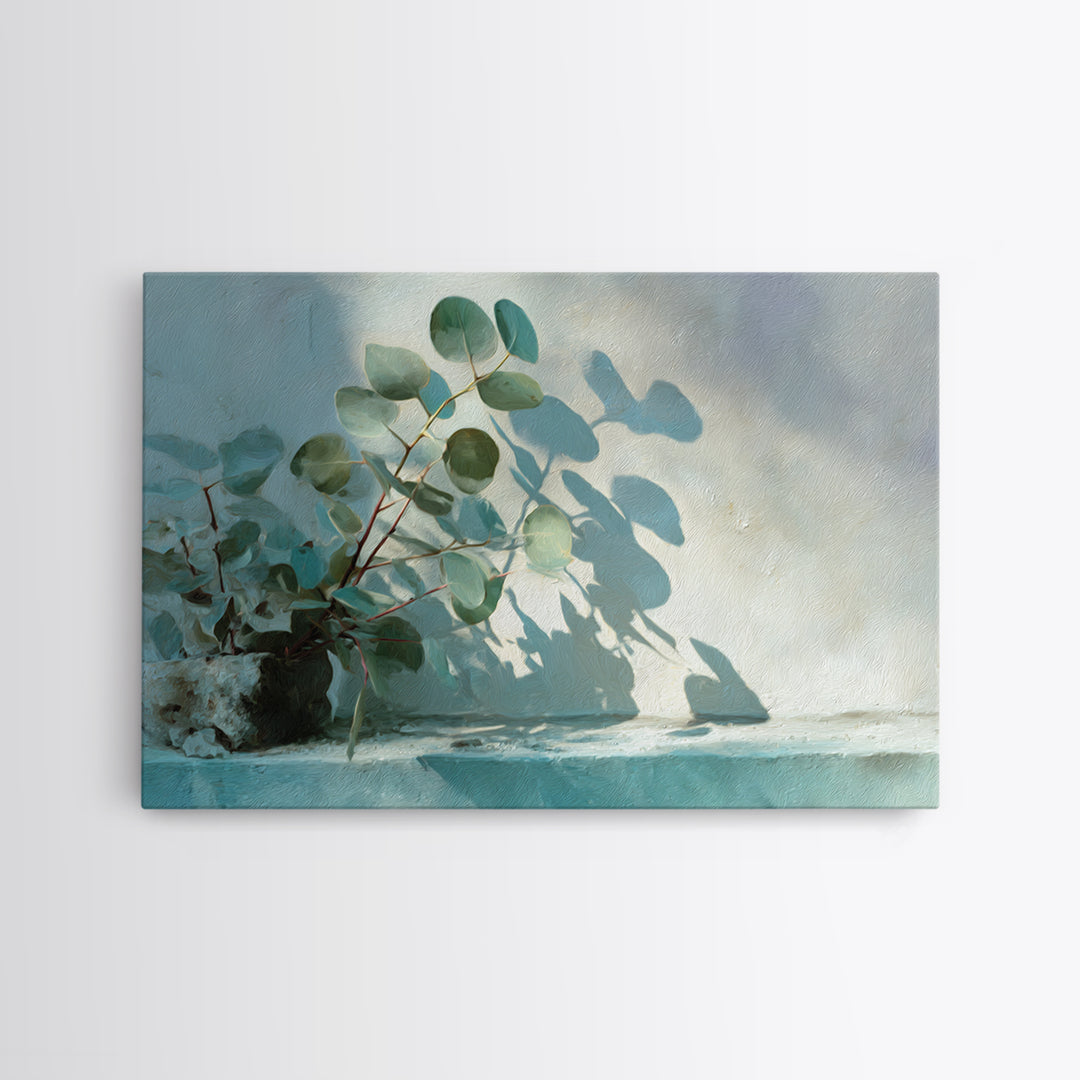 Sunlit Window Plant Shadow on Plaster Canvas Print, Bathroom Art, Digital Art, Bathroom Decor, Oil Painting, Spa, BAT-3x2-22