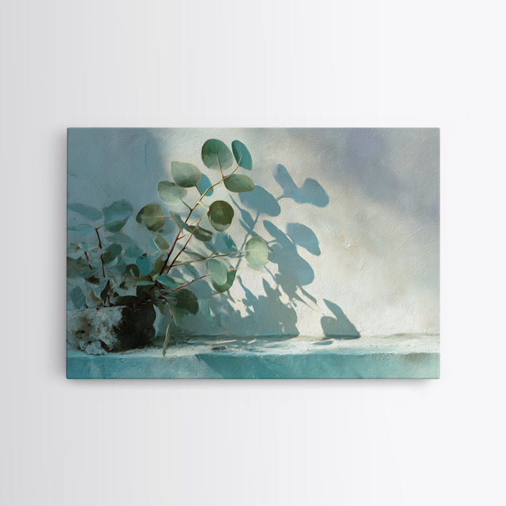 Sunlit Window Plant Shadow on Plaster Canvas Print, Bathroom Art, Digital Art, Bathroom Decor, Oil Painting, Spa, BAT-3x2-22