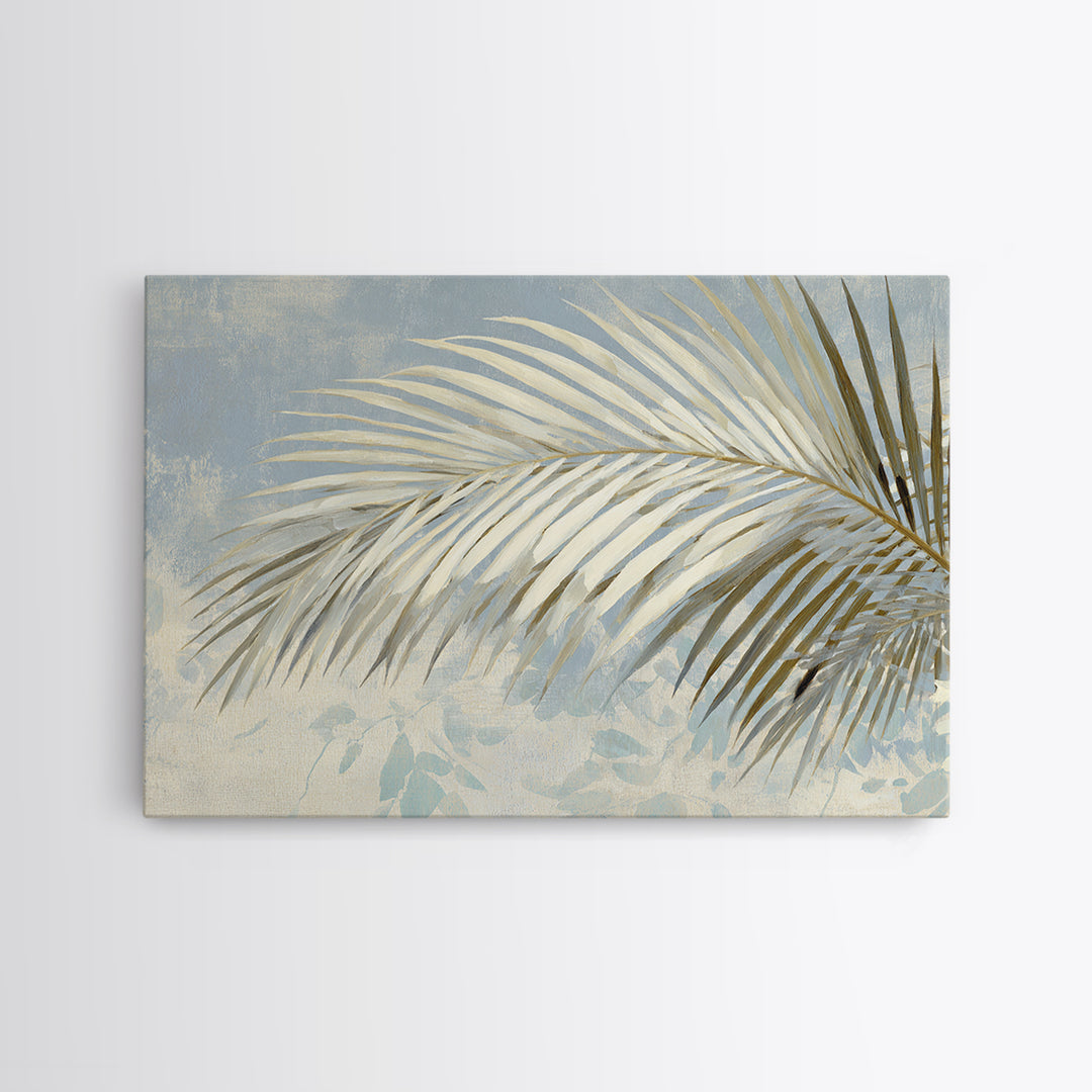 Simple Palm Frond on Off White Linen Framed Canvas Print, Bathroom Art, Custom Pet Portrait, Bathroom Decor, Fine Art, Spa, BAT-3x2-27