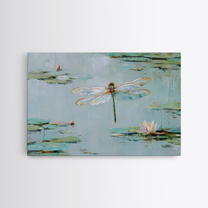 Delicate Dragonfly Above a Pond Surface Framed Canvas Print, Bathroom Art, Home Decor, Bathroom Decor, Fine Art, Spa, BAT-3x2-28