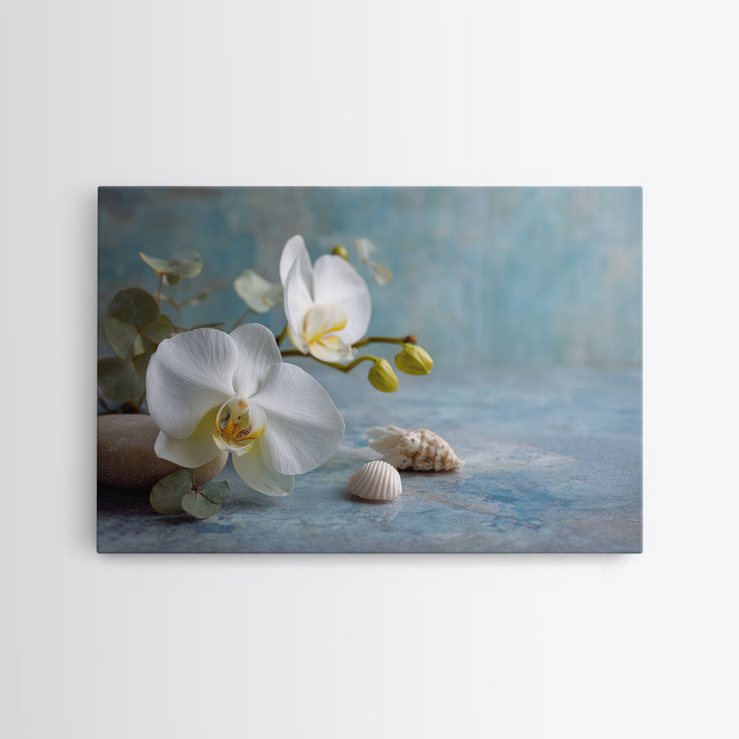 White Orchid on Warm Stone Background Canvas Print, Bathroom Art, Custom Pet Portrait, Bathroom Decor, Fine Art, Spa, BAT-3x2-32