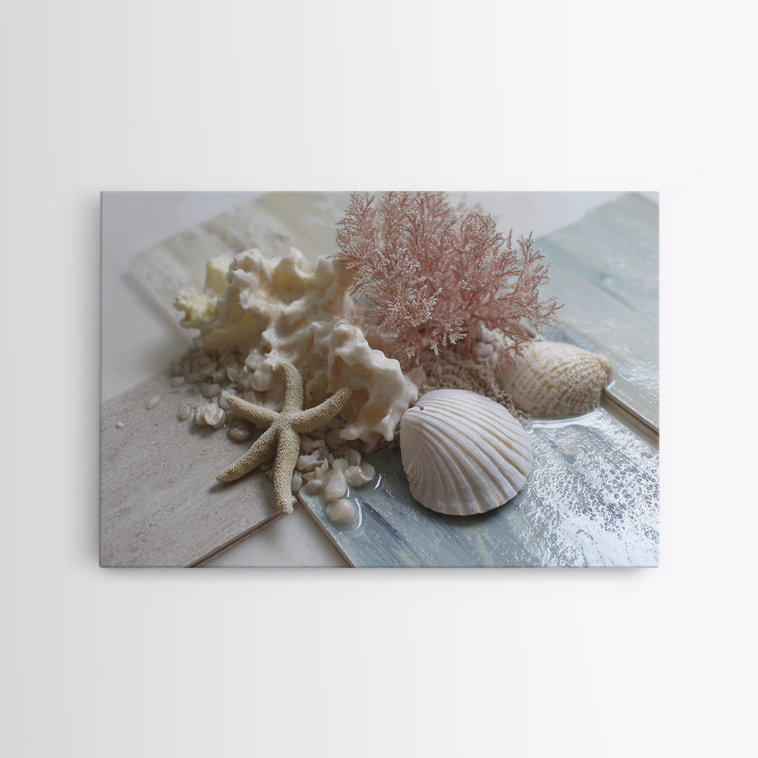 Coral and Shell Arrangement Framed Canvas Print, Bathroom Art, Retro Wall Art, Bathroom Decor, Fine Art, Spa, Modern Decor, BAT-3x2-39