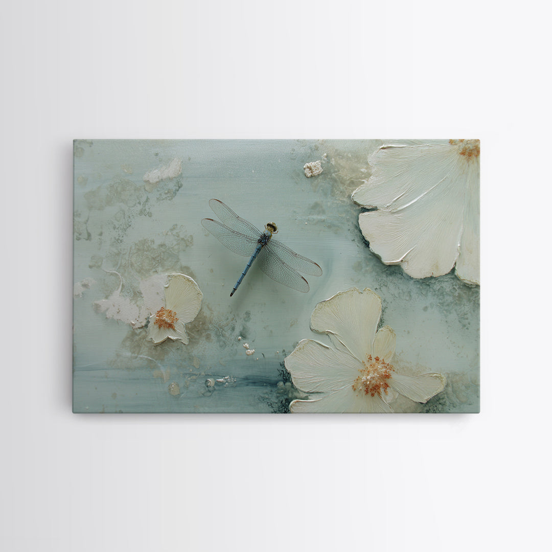 Delicate Dragonfly Above a Pond Surface Canvas Print, Bathroom Art, Room Decor, Bathroom Decor, Oil Painting, Spa, BAT-3x2-4