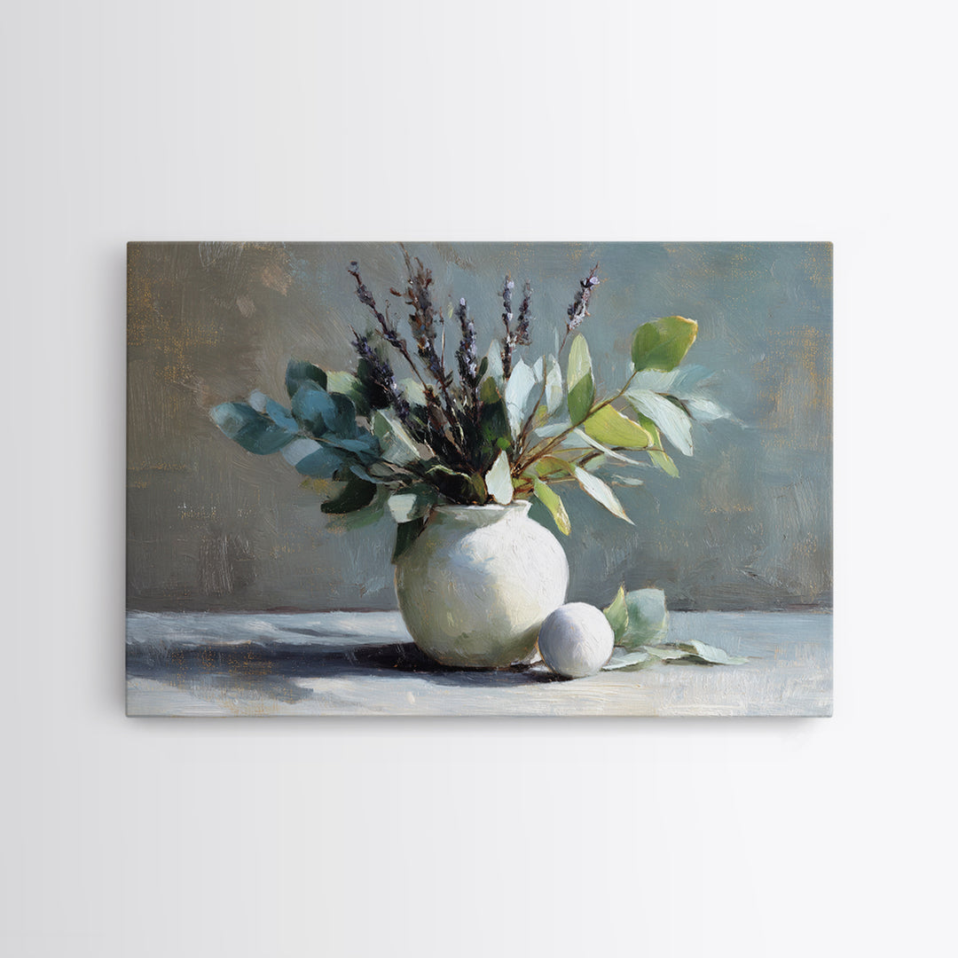 Lavender Sprigs in a Ceramic Vase Framed Canvas Print, Bathroom Art, Bathroom Decor, Oil Painting, Spa, Bathroom Accessories, BAT-3x2-40