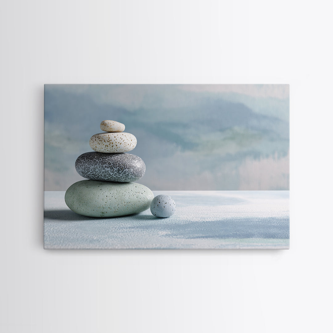 Monochrome Pebble Stack Framed Canvas Print, Bathroom Art, Bathroom Decor, Watercolor Art, Spa, Funny Bathroom Art, BAT-3x2-41