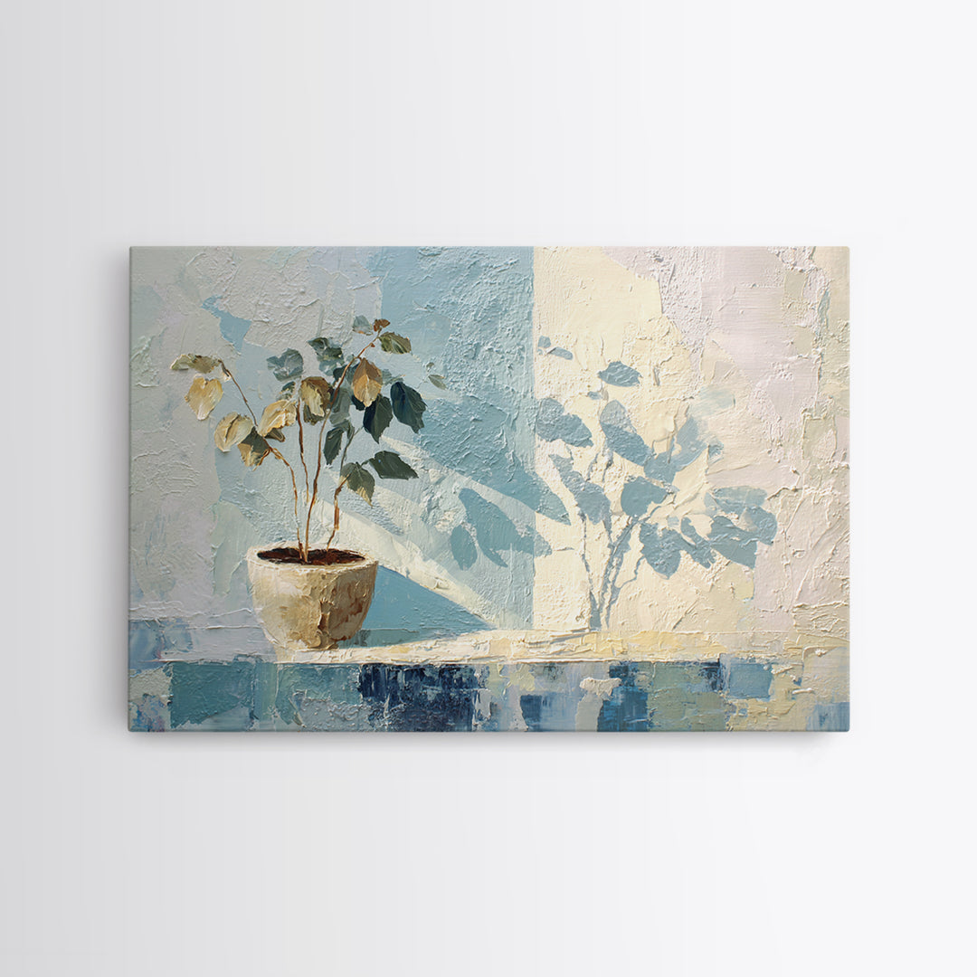 Sunlit Window Plant Shadow on Plaster Framed Canvas Print, Bathroom Art, Bathroom Wall Art, Bathroom Decor, Fine Art, Spa, BAT-3x2-46