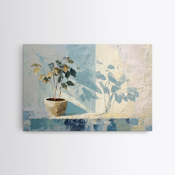 Sunlit Window Plant Shadow on Plaster Framed Canvas Print, Bathroom Art, Bathroom Wall Art, Bathroom Decor, Fine Art, Spa, BAT-3x2-46