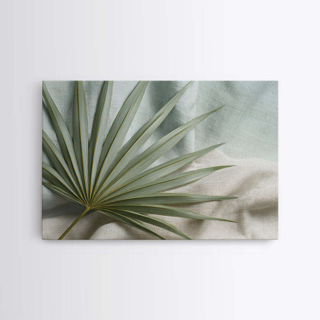 Simple Palm Frond on Off White Linen Canvas Print, Bathroom Art, Canvas Wall Art, Bathroom Decor, Spa, Bathroom Wallpaper, BAT-3x2-51