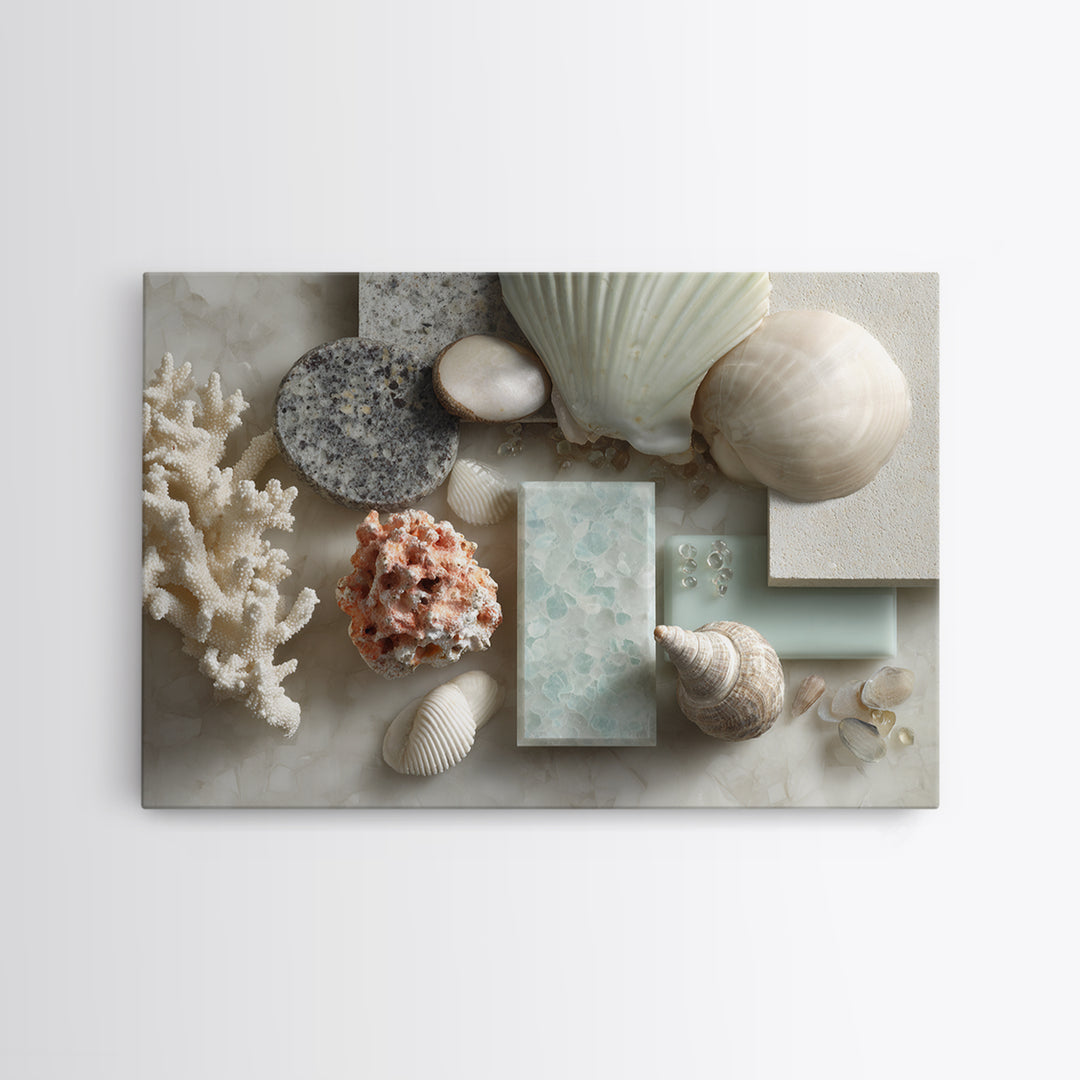 Coral and Shell Arrangement Framed Canvas Print, Bathroom Art, Contemporary Art, Bathroom Decor, Fine Art, Spa, Framed Wall Art, BAT-3x2-63