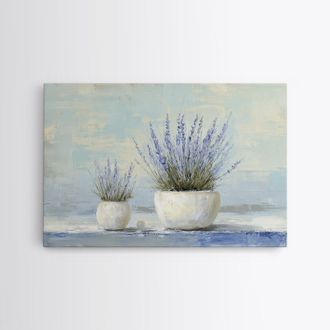 Lavender Sprigs in a Ceramic Vase Framed Canvas Print, Bathroom Art, Retro Wall Art, Bathroom Decor, Abstract Art, Spa, BAT-3x2-64