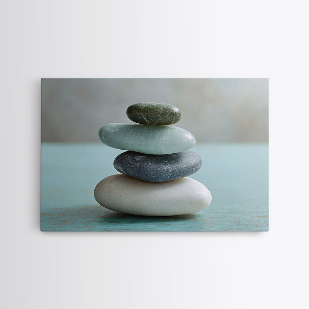 Monochrome Pebble Stack Framed Canvas Print, Bathroom Art, Bathroom Decor, Watercolor Art, Spa, Funny Bathroom Art, BAT-3x2-65