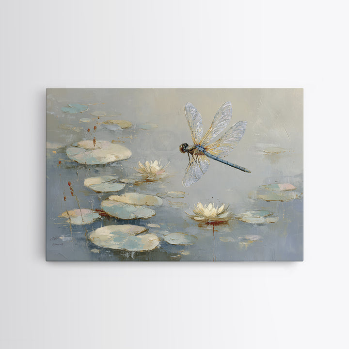Delicate Dragonfly Above a Pond Surface Canvas Print, Bathroom Art, Unique Wall Art, Bathroom Decor, Spa, Gallery Decor, BAT-3x2-76