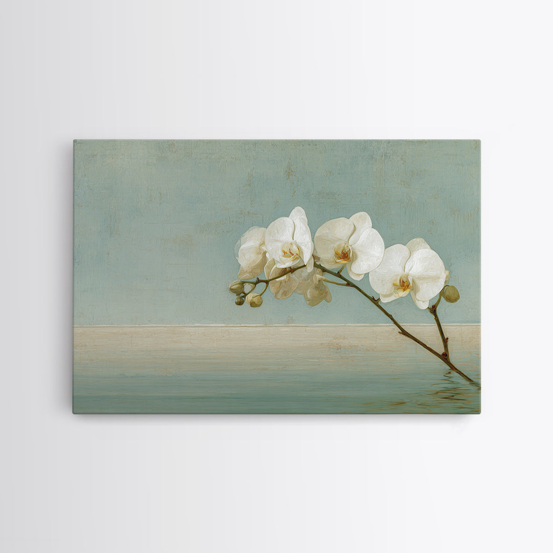 White Orchid on Warm Stone Background Framed Canvas Print, Bathroom Art, Poster, Bathroom Decor, Oil Painting, Spa, BAT-3x2-8
