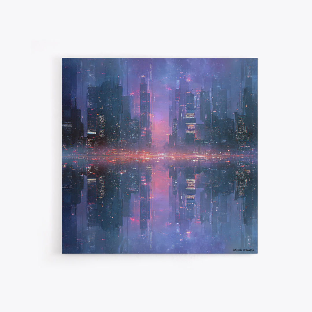 Monochrome City Skyline Reflected Framed Canvas Print, Black and White Art, Living Room Decor, Abstract Art, Monochrome, BAW-1x1-11