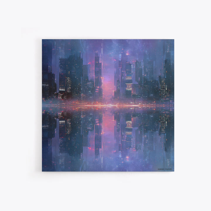 Monochrome City Skyline Reflected Framed Canvas Print, Black and White Art, Living Room Decor, Abstract Art, Monochrome, BAW-1x1-11