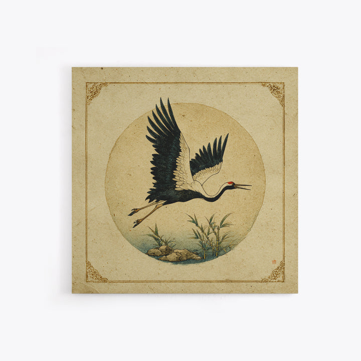 Black Ink Crane Flying Across Empty Sky Canvas Print, Black and White Art, Photo Prints, Living Room Decor, Watercolor Art, BAW-1x1-13