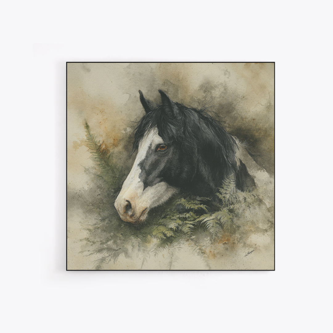 Black and White Wild Horse Portrait Framed Canvas Print, Black and White Art, Textured Painting, Living Room Decor, Monochrome, BAW-1x1-29