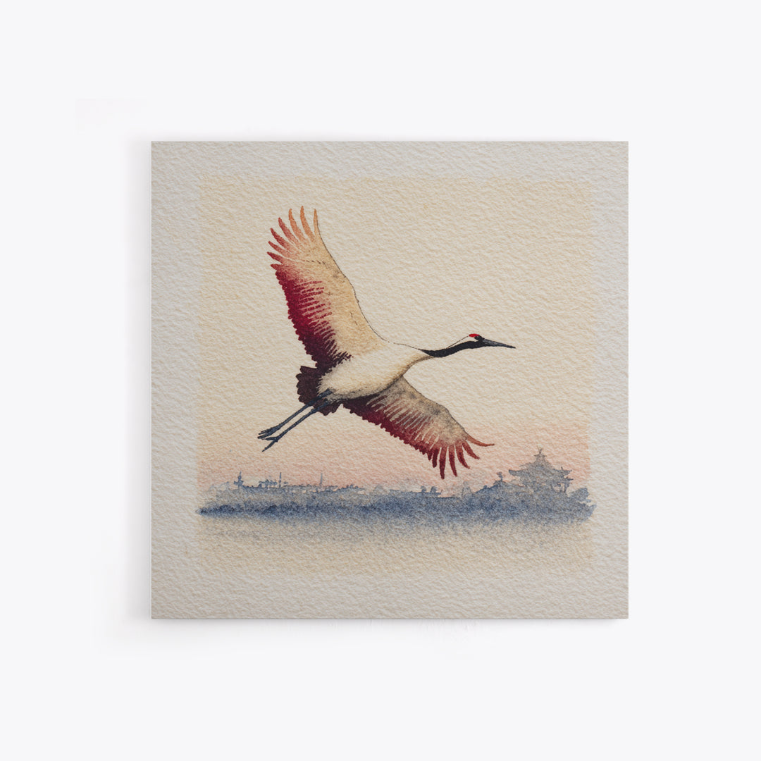 Black Ink Crane Flying Across Empty Sky Canvas Print, Black and White Art, Boho Decor, Living Room Decor, Monochrome, BAW-1x1-37