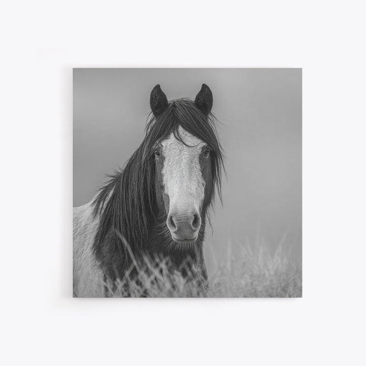 Black and White Wild Horse Portrait Canvas Print, Black and White Art, Fine Art Print, Living Room Decor, Oil Painting, BAW-1x1-5