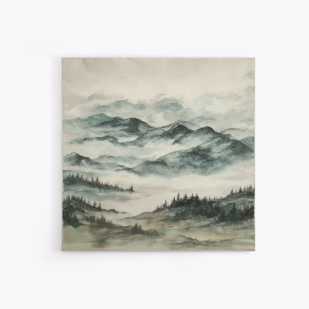 Black Ink Mountain Range Canvas Print, Black and White Art, Cabin Decor, Living Room Decor, Fine Art, Monochrome, BAW-1x1-50
