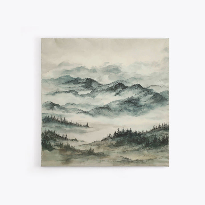 Black Ink Mountain Range Canvas Print, Black and White Art, Cabin Decor, Living Room Decor, Fine Art, Monochrome, BAW-1x1-50
