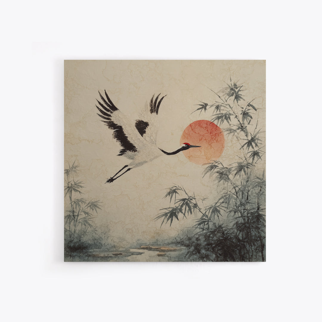 Black Ink Crane Flying Across Empty Sky Canvas Print, Black and White Art, Boho Decor, Living Room Decor, Monochrome, BAW-1x1-61
