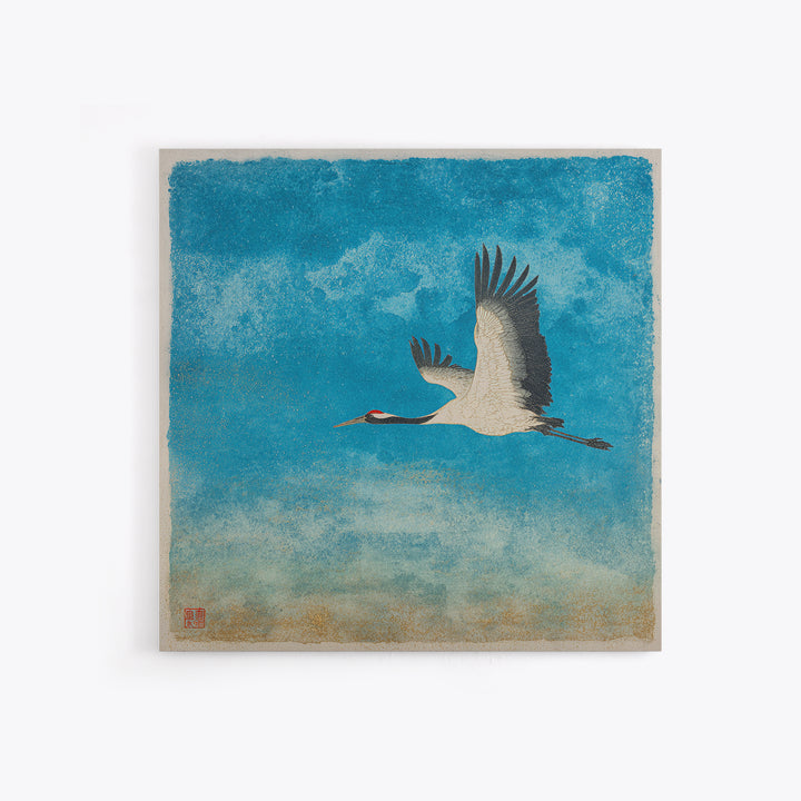 Black Ink Crane Flying Across Empty Sky Canvas Print, Black and White Art, Minimalist Decor, Living Room Decor, Monochrome, BAW-1x1-85