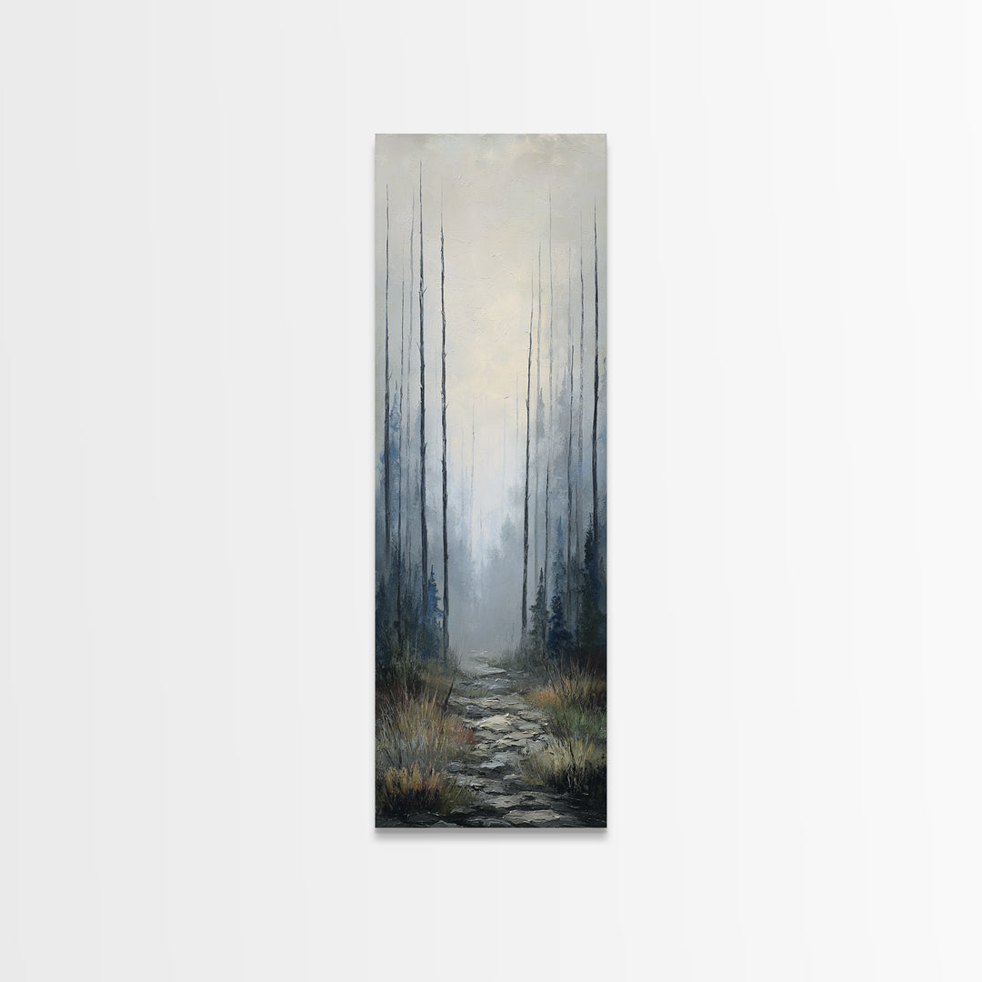 Moody Foggy Forest Framed Canvas Print, Black and White Art, Gothic Decor, Living Room Decor, Oil Painting, Monochrome, BAW-1x3-19