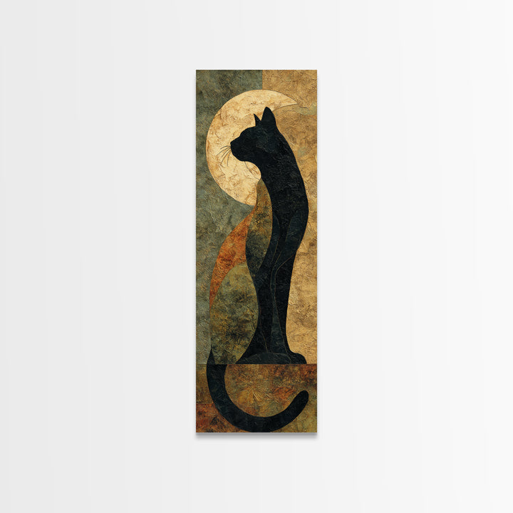 Black Cat Silhouette Canvas Print, Black and White Art, Digital Prints, Living Room Decor, Fine Art, Monochrome, Wood Wall Art, BAW-1x3-28