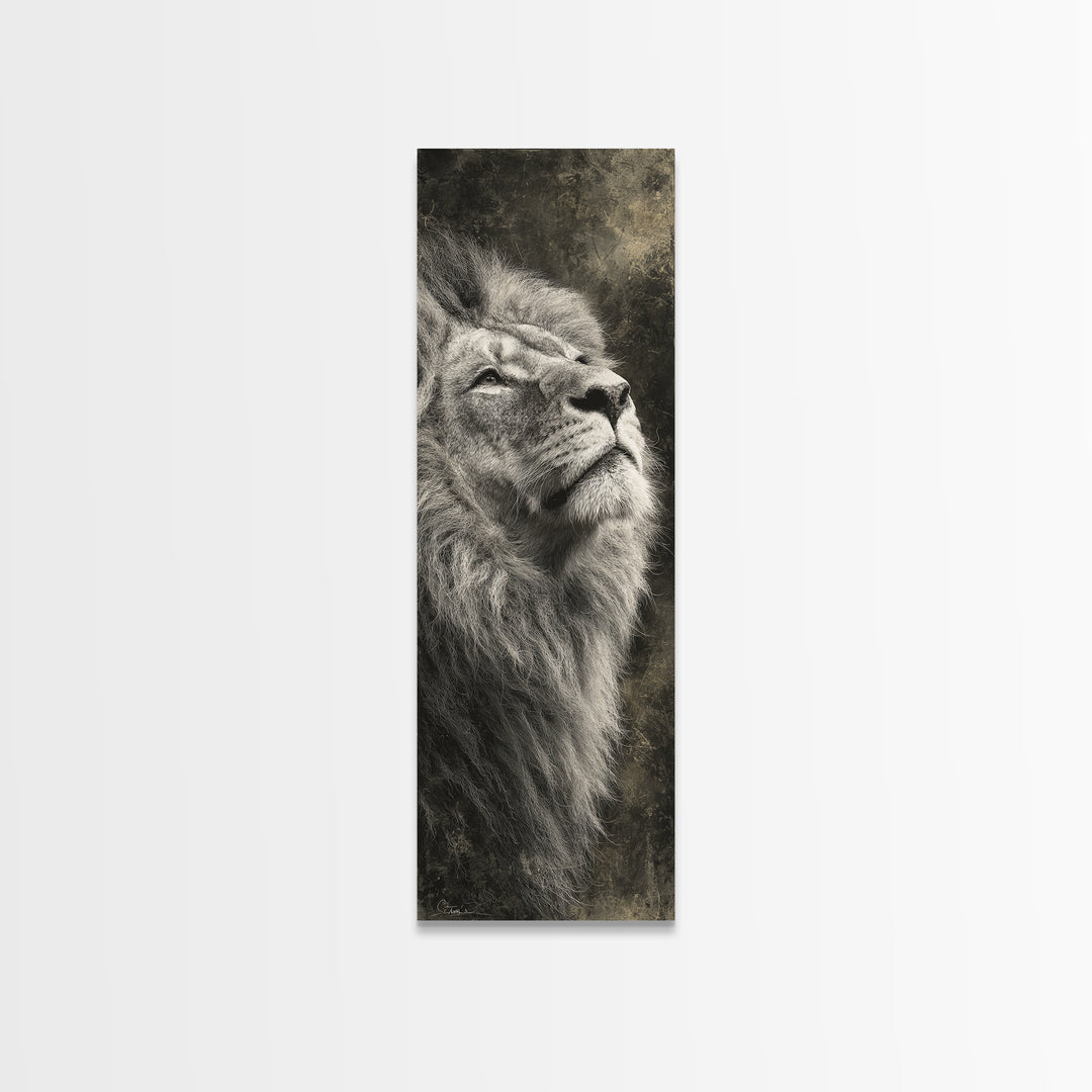 Dramatic Black and White Lion Portrait Canvas Print, Black and White Art, Textured Painting, Living Room Decor, Monochrome, BAW-1x3-53