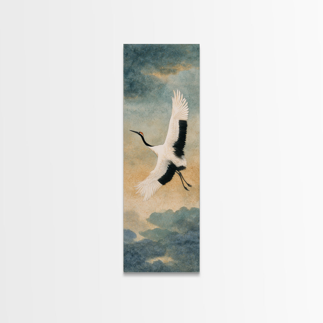 Black Ink Crane Flying Across Empty Sky Canvas Print, Black and White Art, Gothic Decor, Living Room Decor, Monochrome, BAW-1x3-73