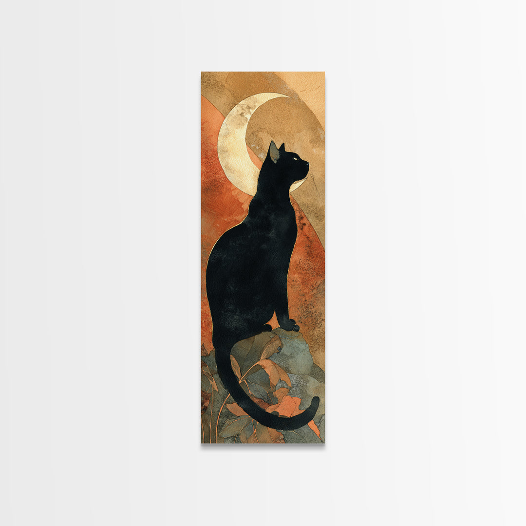 Black Cat Silhouette Framed Canvas Print, Black and White Art, Modern Wall Art, Living Room Decor, Oil Painting, Monochrome, BAW-1x3-76