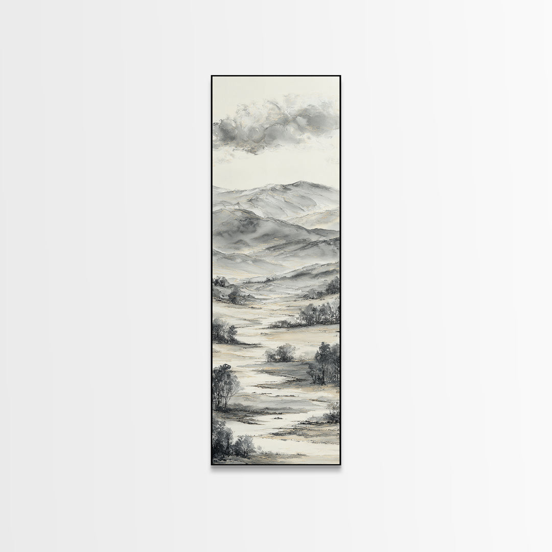 Black Ink Mountain Range Canvas Print, Black and White Art, Contemporary Art, Living Room Decor, Fine Art, Monochrome, BAW-1x3-86