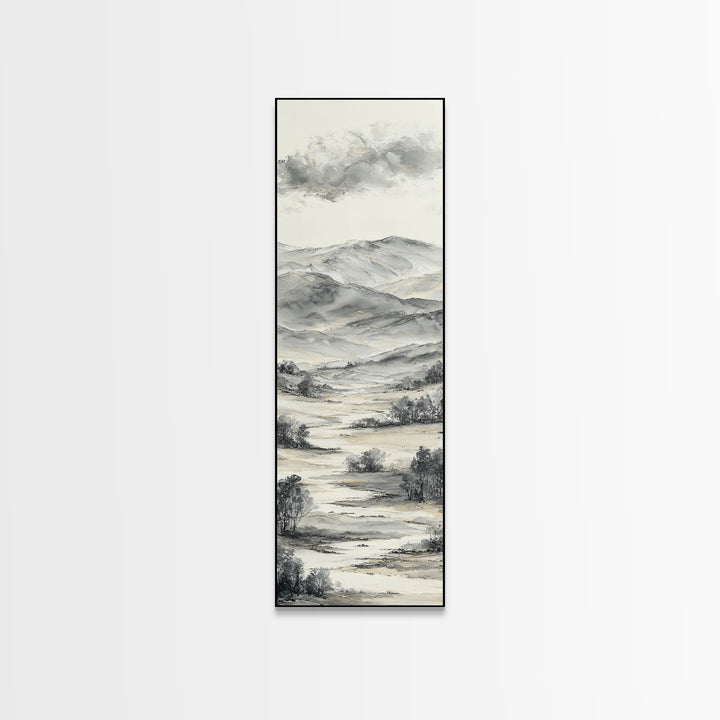 Black Ink Mountain Range Canvas Print, Black and White Art, Contemporary Art, Living Room Decor, Fine Art, Monochrome, BAW-1x3-86