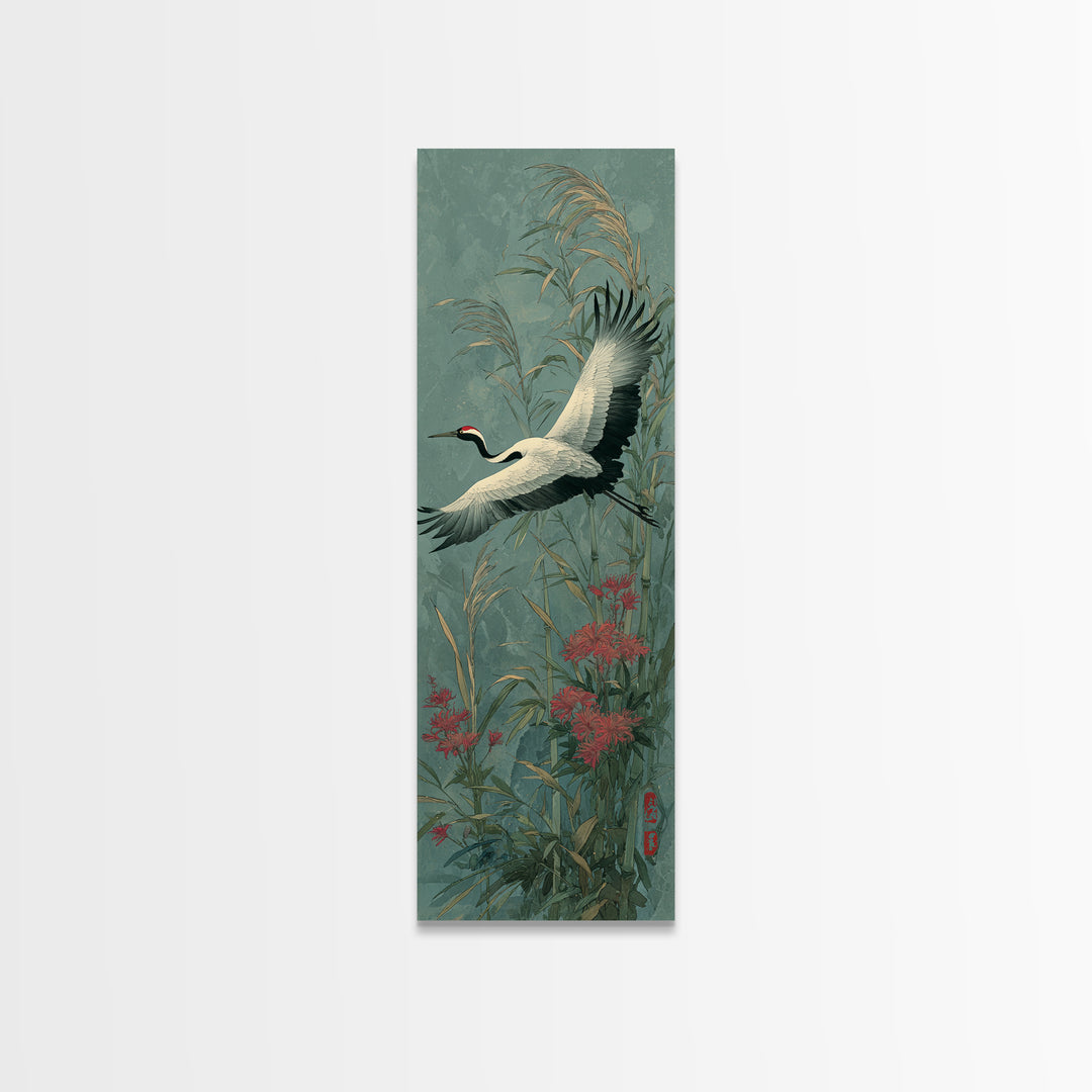 Black Ink Crane Flying Across Empty Sky Canvas Print, Black and White Art, Boho Decor, Living Room Decor, Oil Painting, BAW-1x3-97